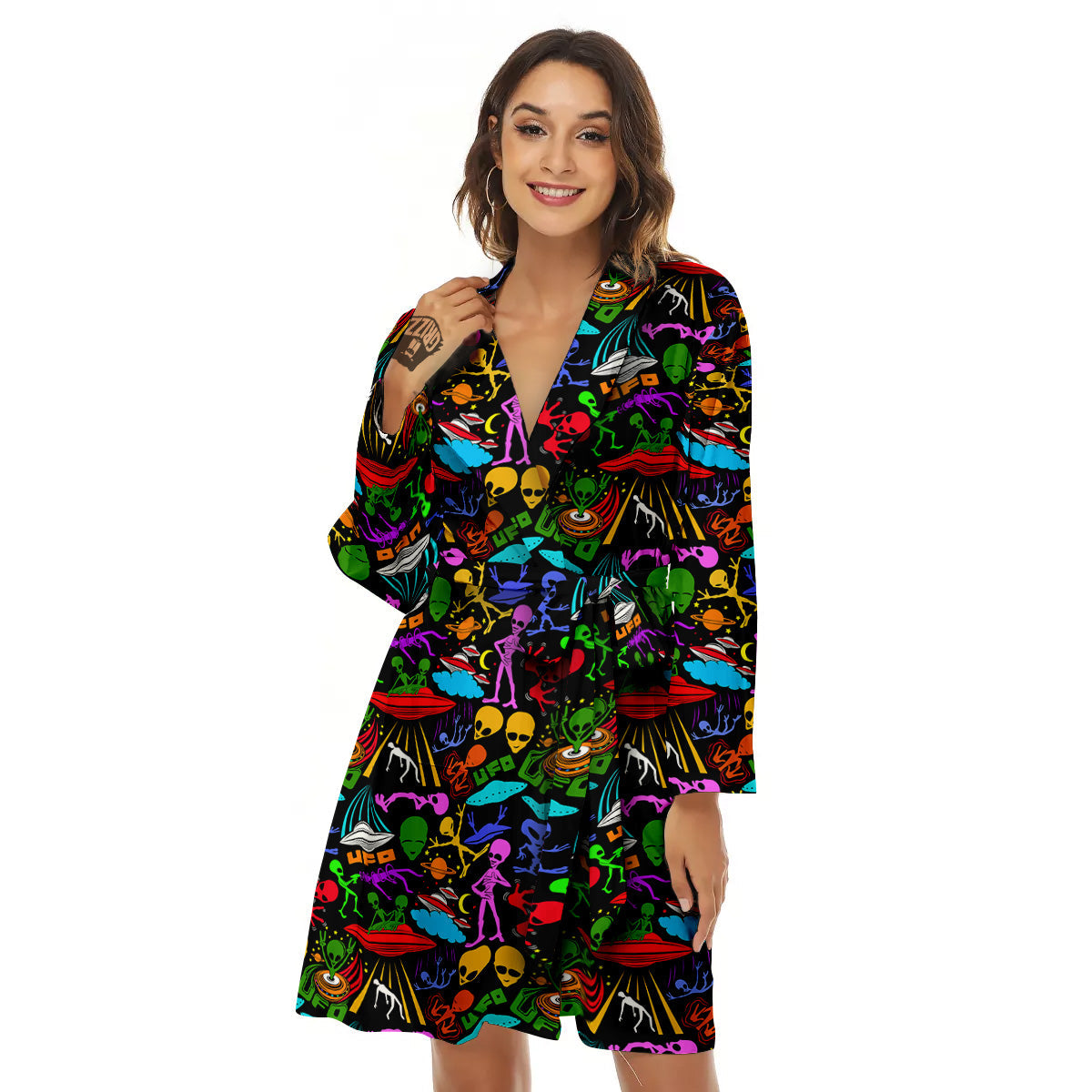 Extraterrestrial Aliens Colorful Print Pattern Women's Robe-grizzshop