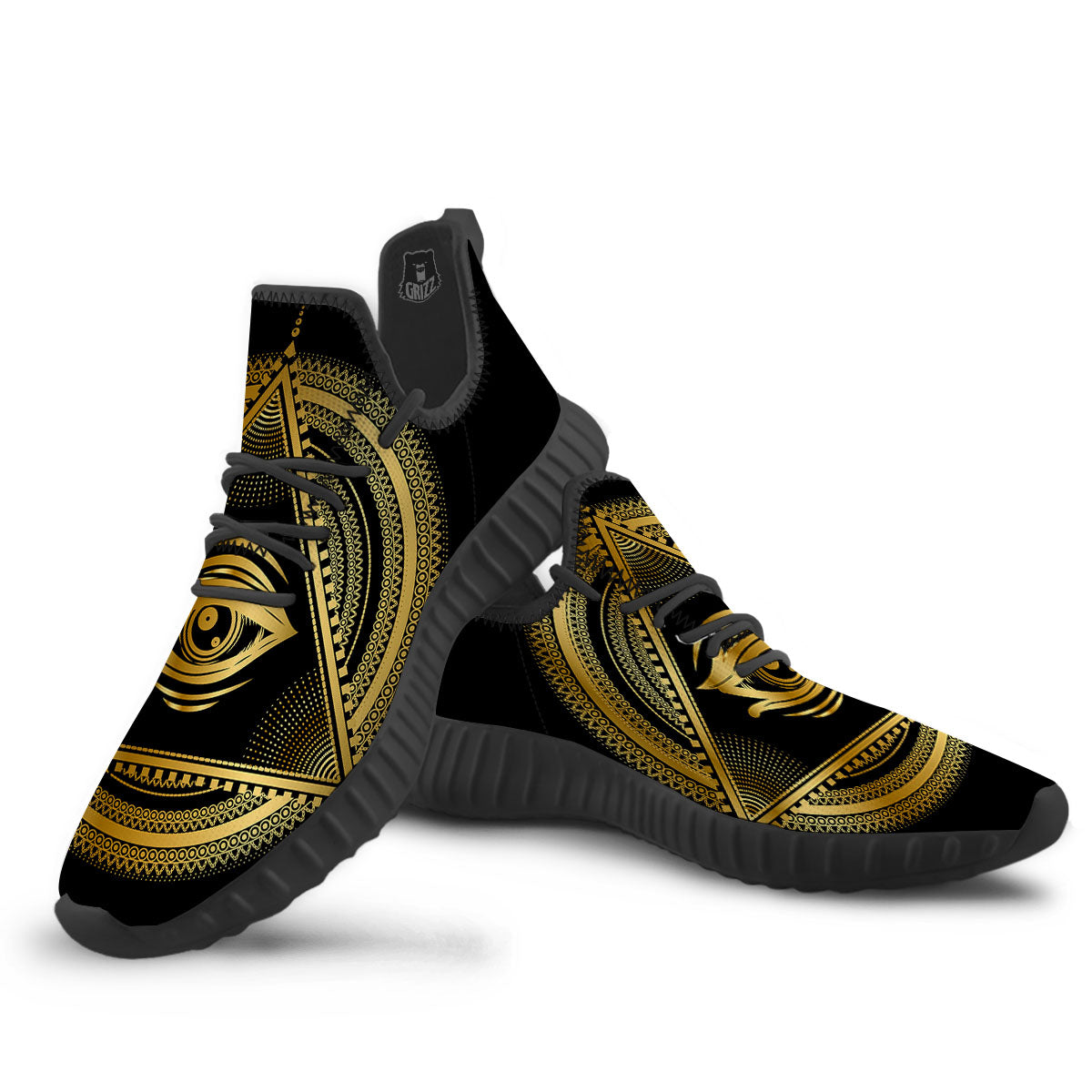 Eye of Providence Gold And Black Print Black Walking Shoes-grizzshop