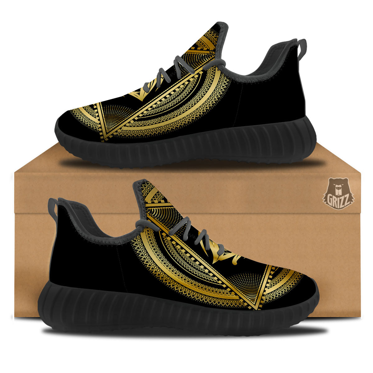 Eye of Providence Gold And Black Print Black Walking Shoes-grizzshop