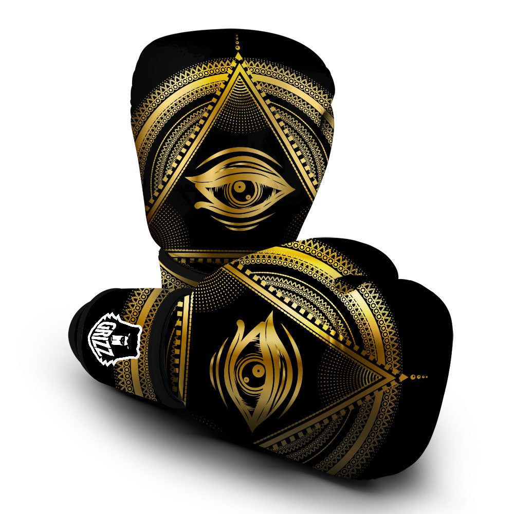 Eye of Providence Gold And Black Print Boxing Gloves-grizzshop