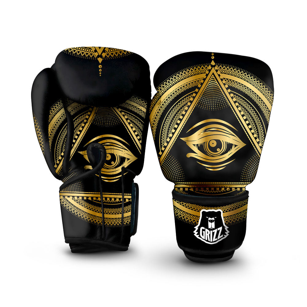 Eye of Providence Gold And Black Print Boxing Gloves-grizzshop