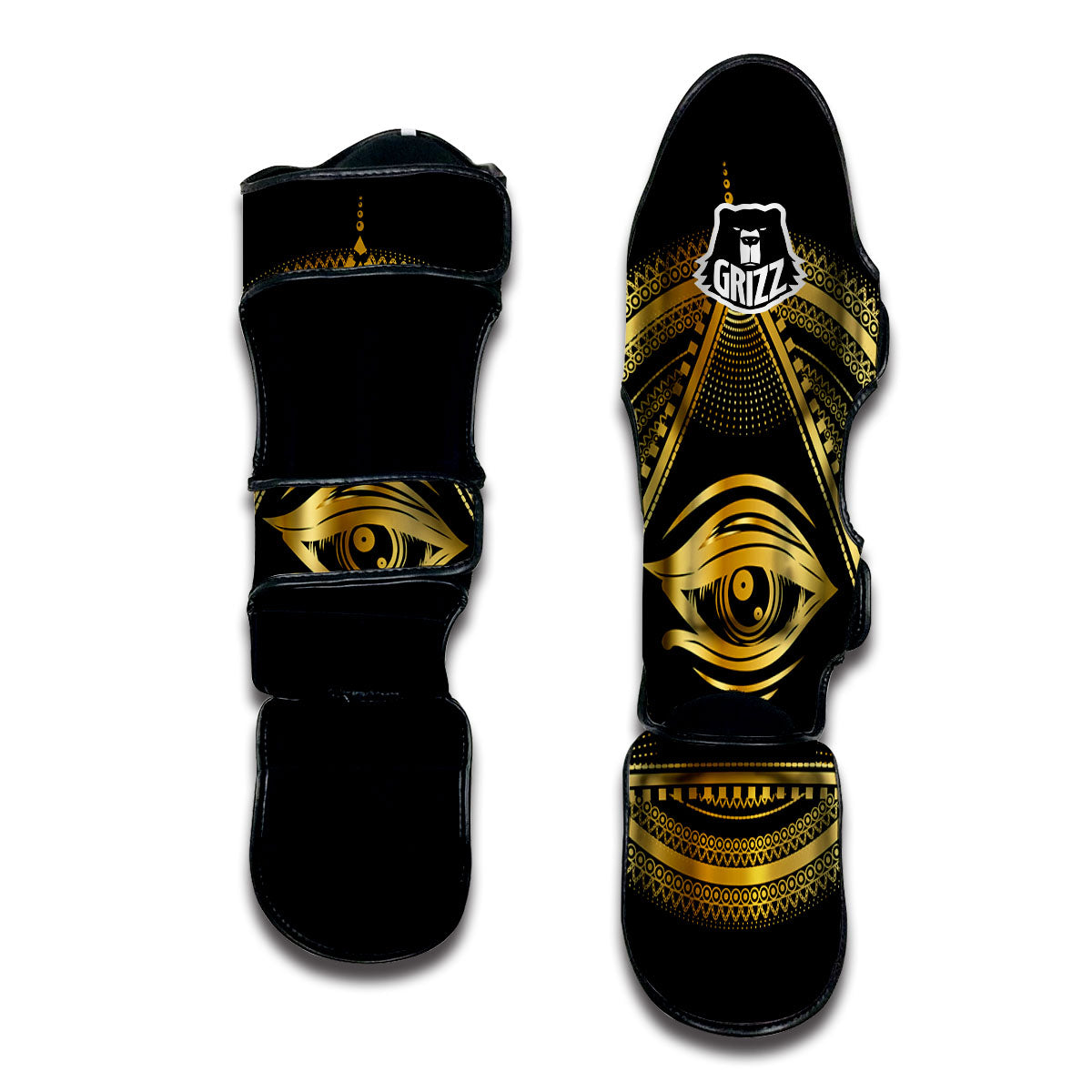 Eye of Providence Gold And Black Print Muay Thai Shin Guards-grizzshop