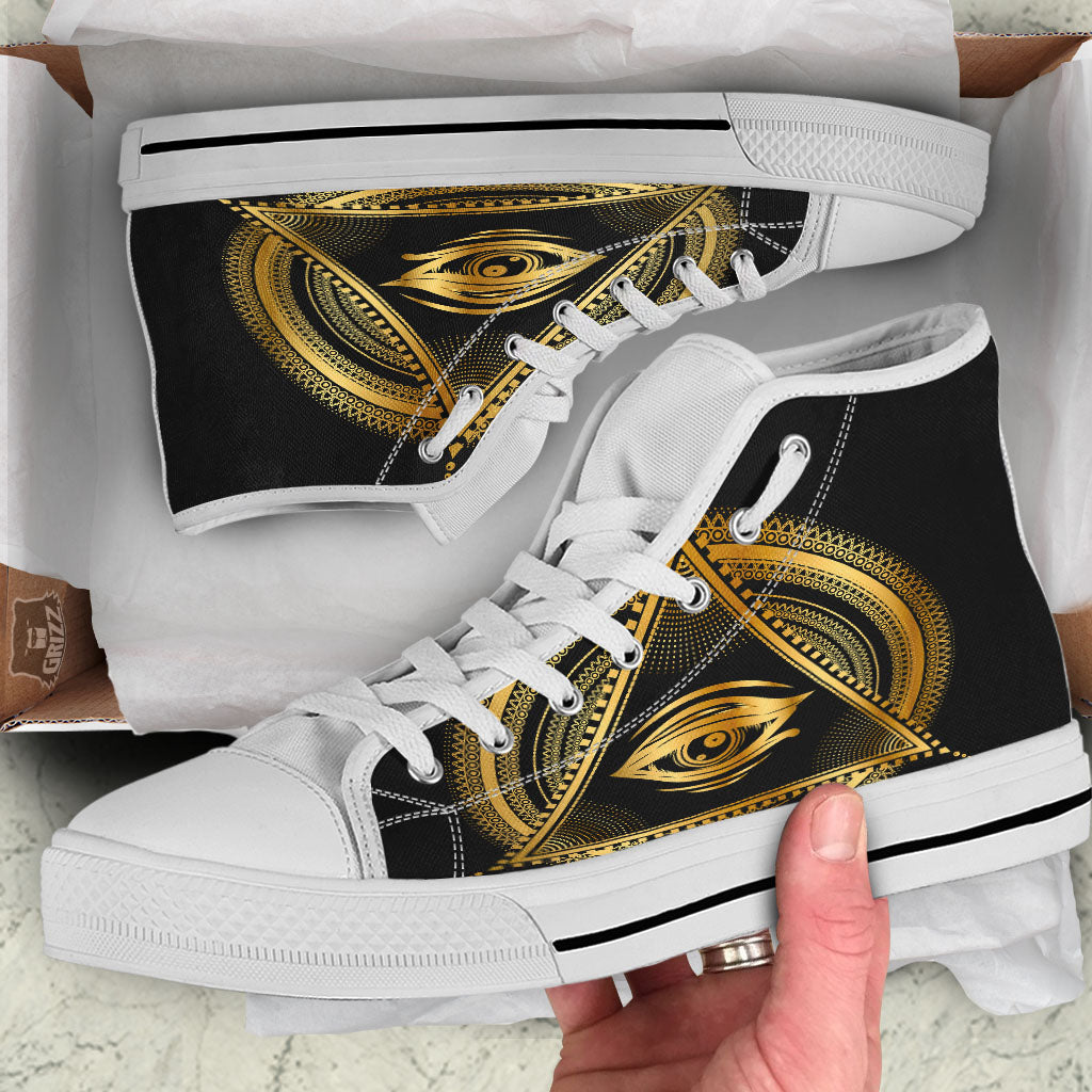 Eye of Providence Gold And Black Print White High Top Shoes-grizzshop