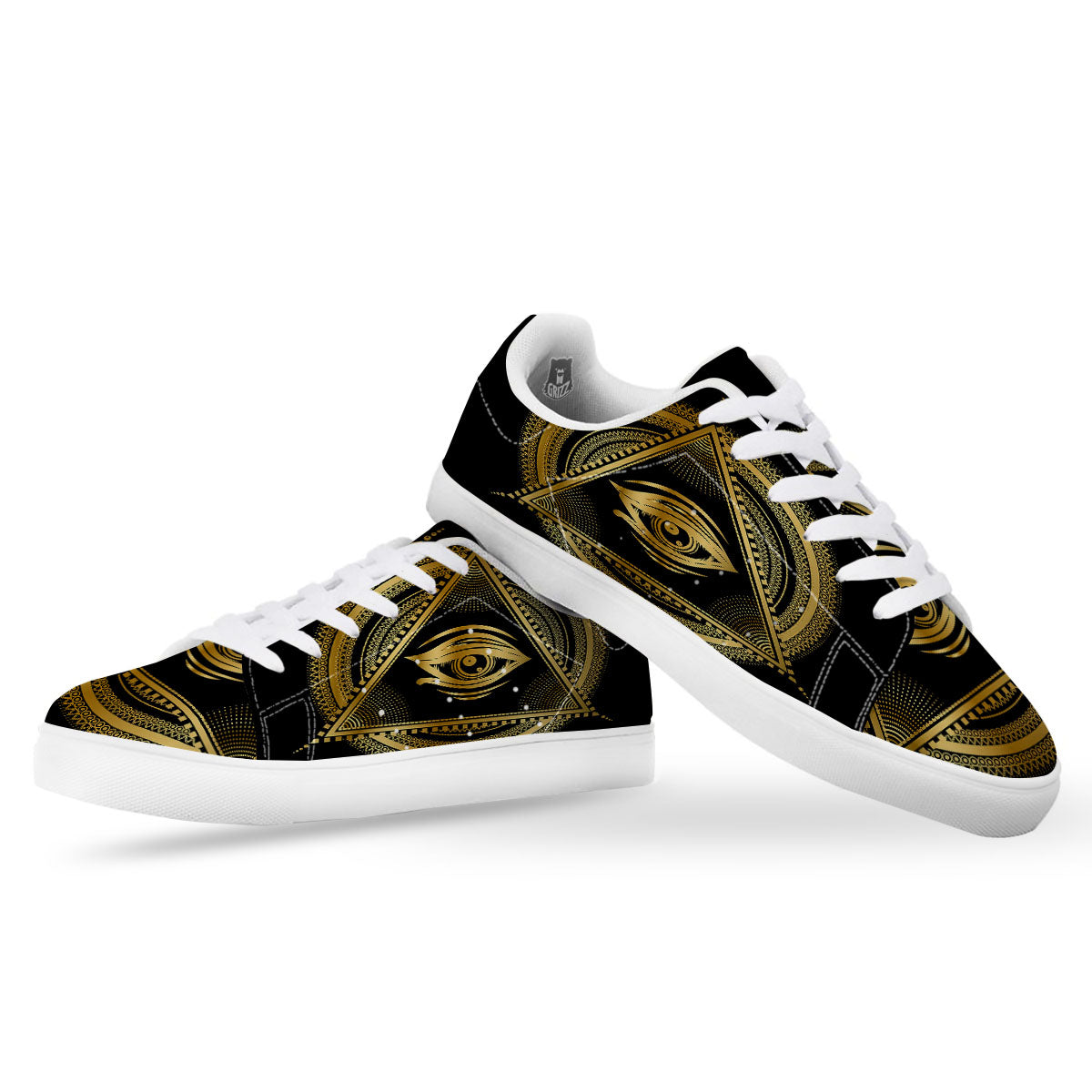 Eye of Providence Gold And Black Print White Low Top Sneakers-grizzshop