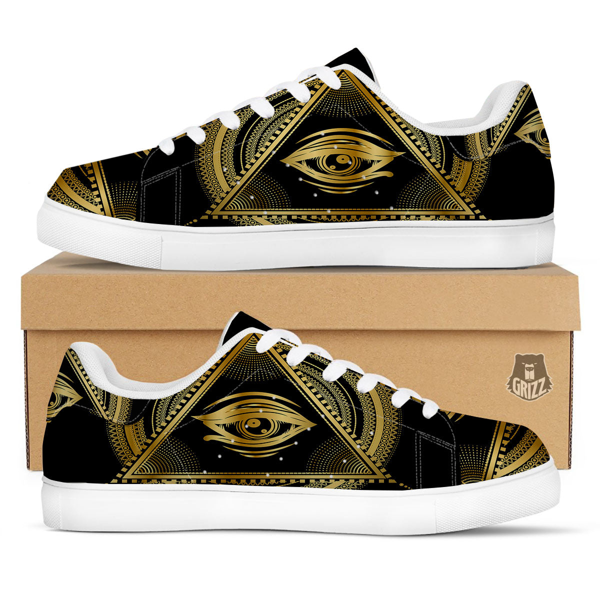 Eye of Providence Gold And Black Print White Low Top Sneakers-grizzshop