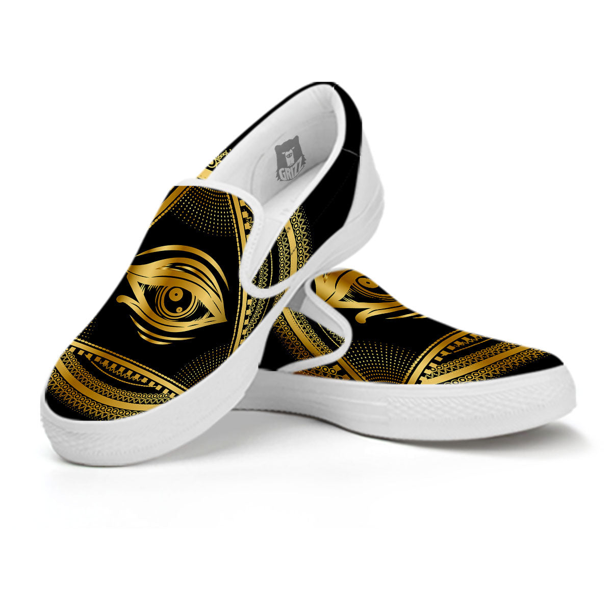 Eye of Providence Gold And Black Print White Slip On Shoes-grizzshop