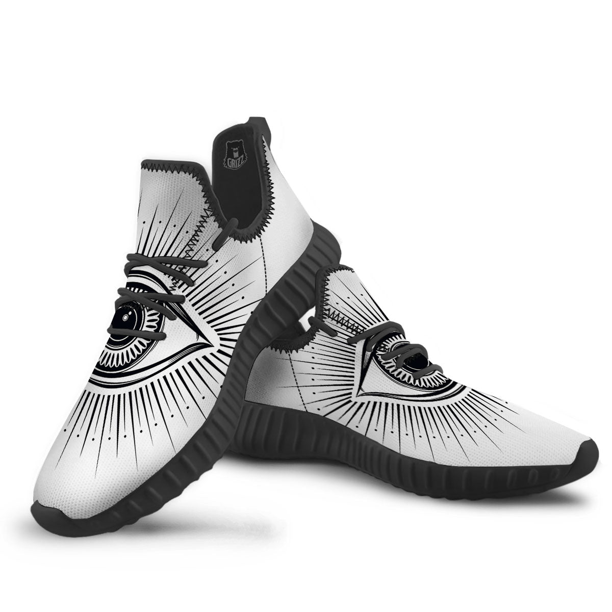 Eye of Providence White And Black Print Black Walking Shoes-grizzshop