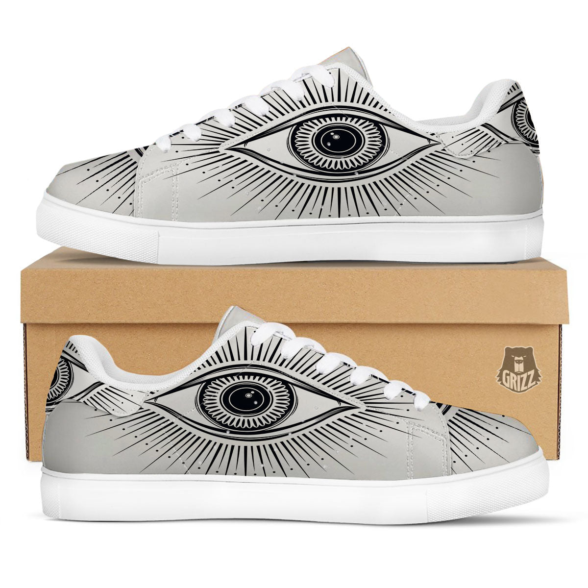 Eye of Providence White And Black Print White Low Top Sneakers-grizzshop