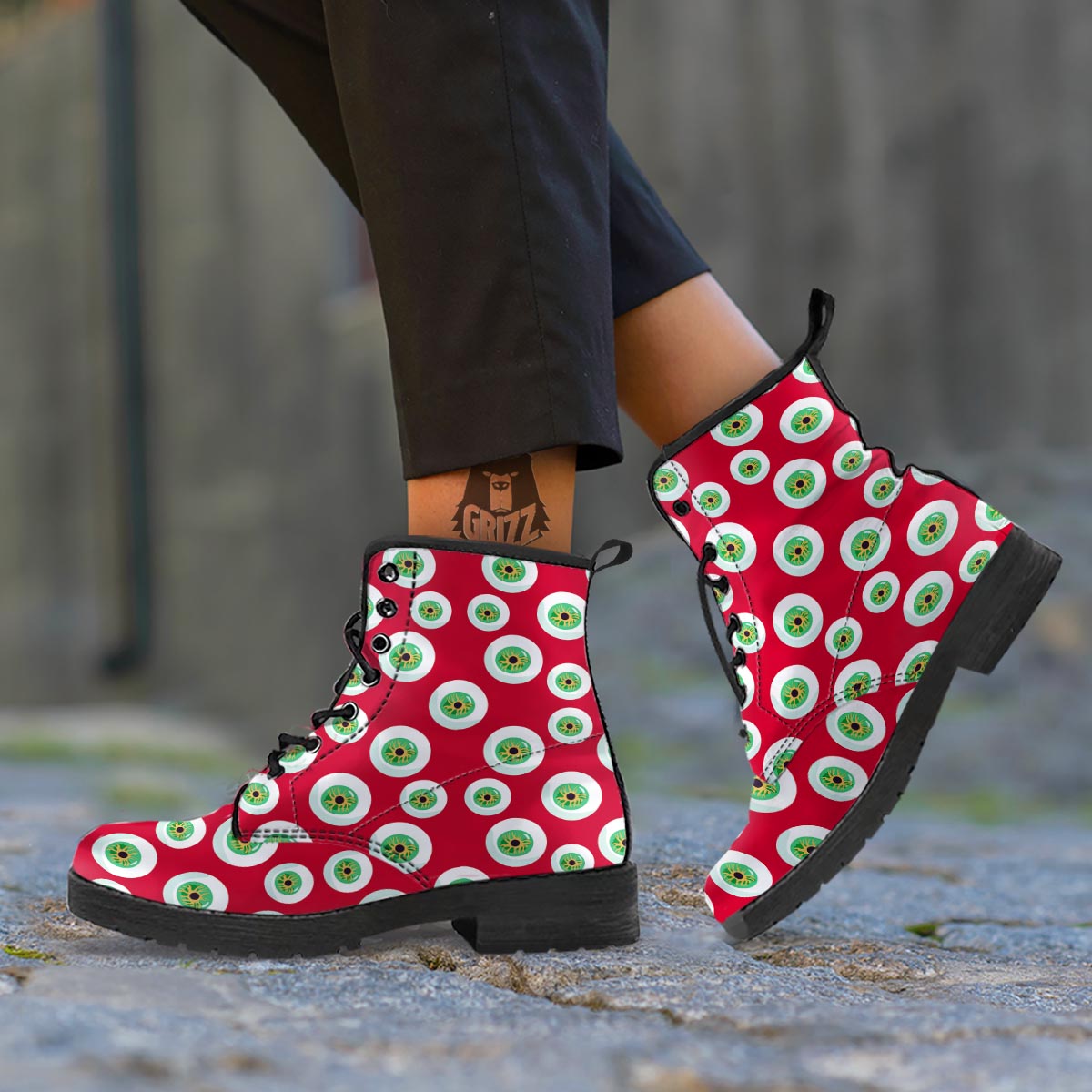 Eyeball Scary Red Print Pattern Leather Boots-grizzshop