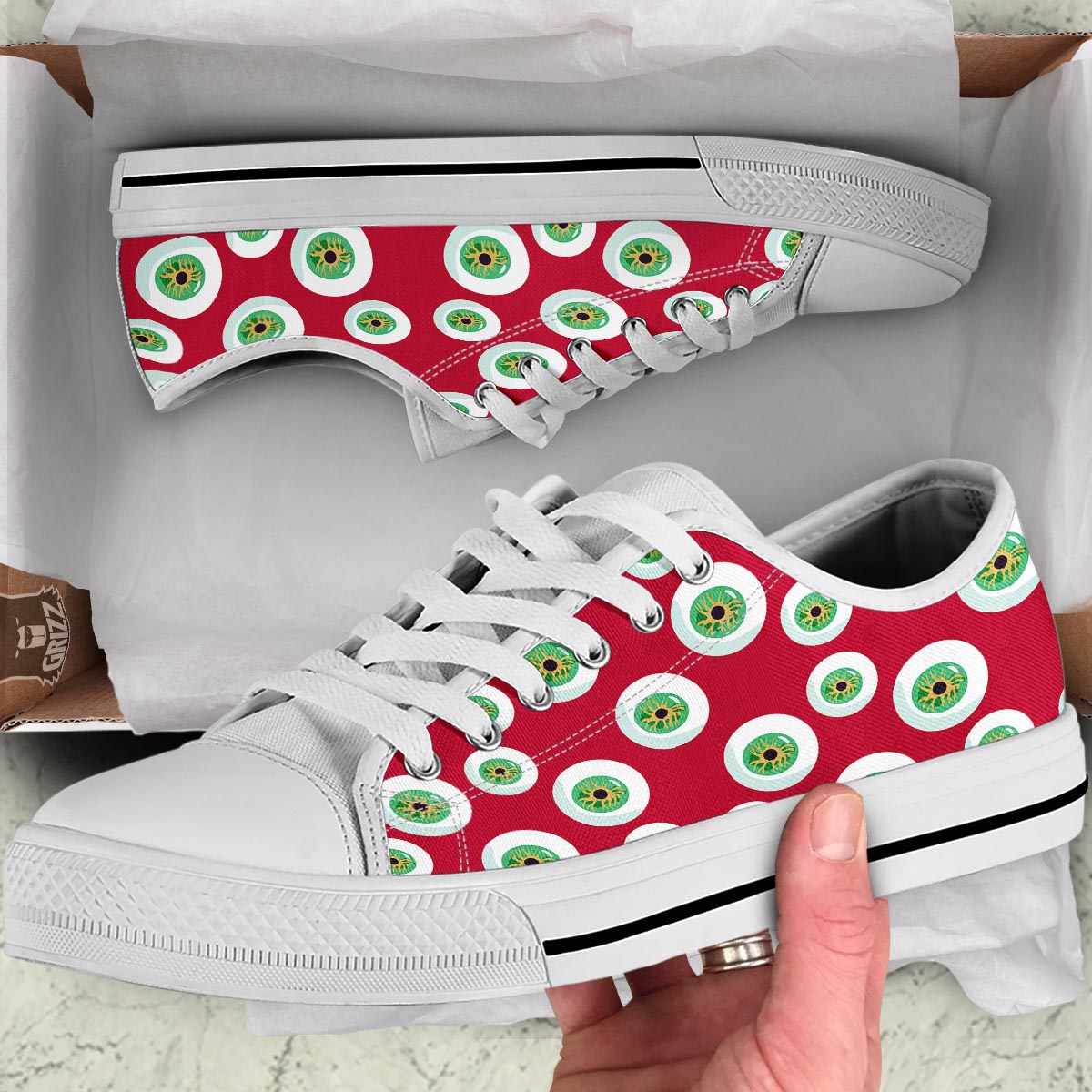 Eyeball Scary Red Print Pattern White Low Top Shoes-grizzshop