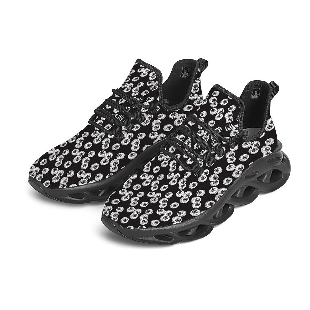 Eyeball White And Black Print Pattern Black Running Shoes-grizzshop
