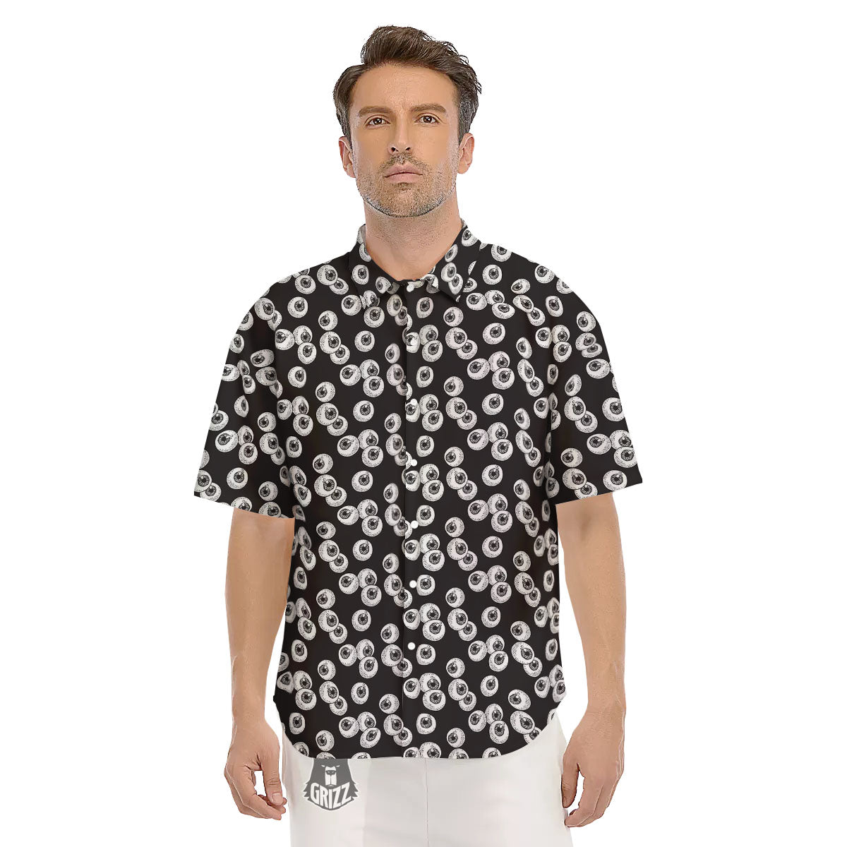 Eyeball White And Black Print Pattern Men's Short Sleeve Shirts-grizzshop