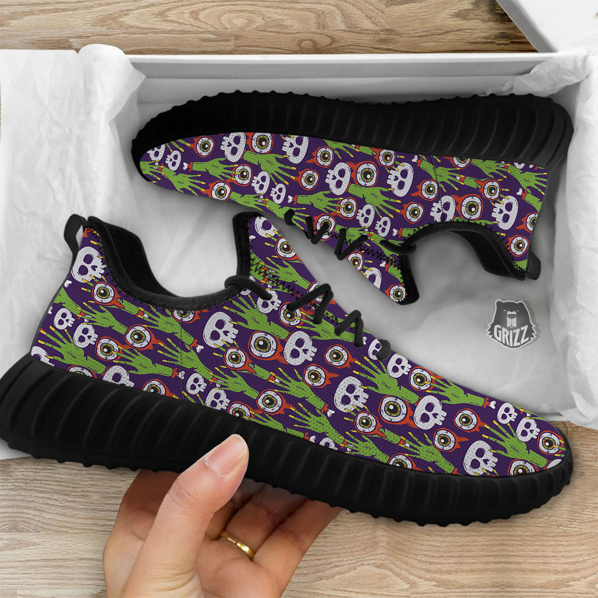 Eyeball Zombie Print Pattern Black Walking Shoes-grizzshop