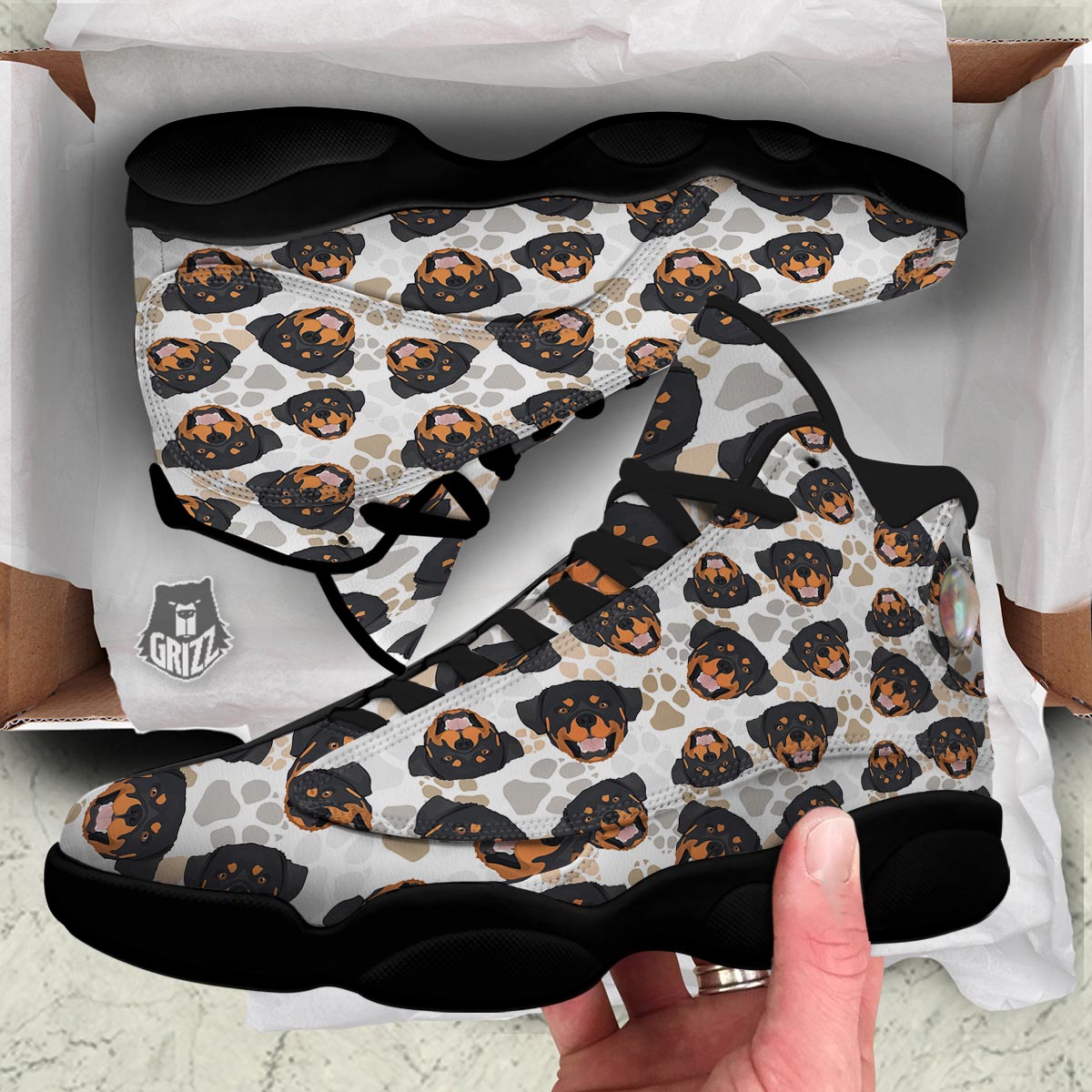 Face Rottweiler Print Pattern Black Basketball Shoes-grizzshop