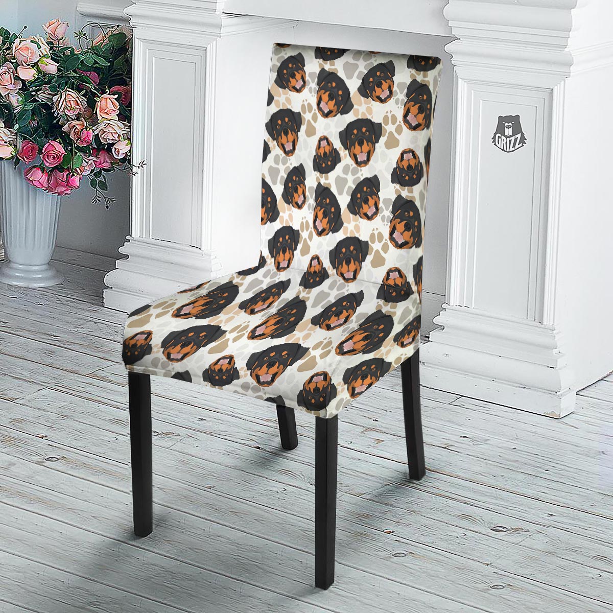 Face Rottweiler Print Pattern Dining Chair Slipcover-grizzshop