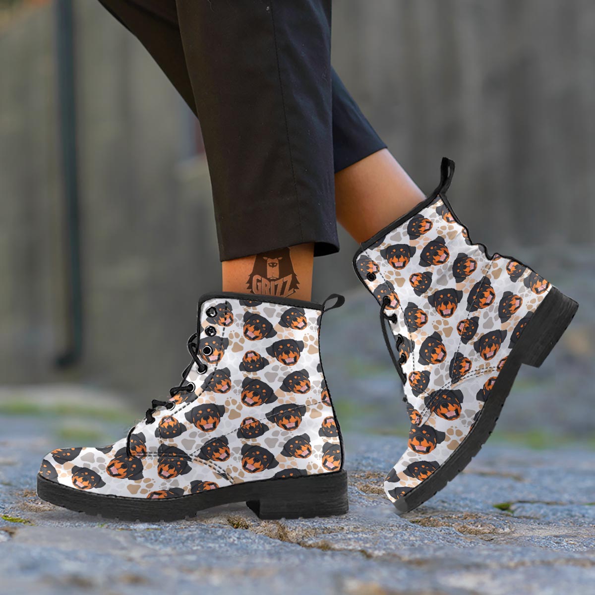 Face Rottweiler Print Pattern Leather Boots-grizzshop