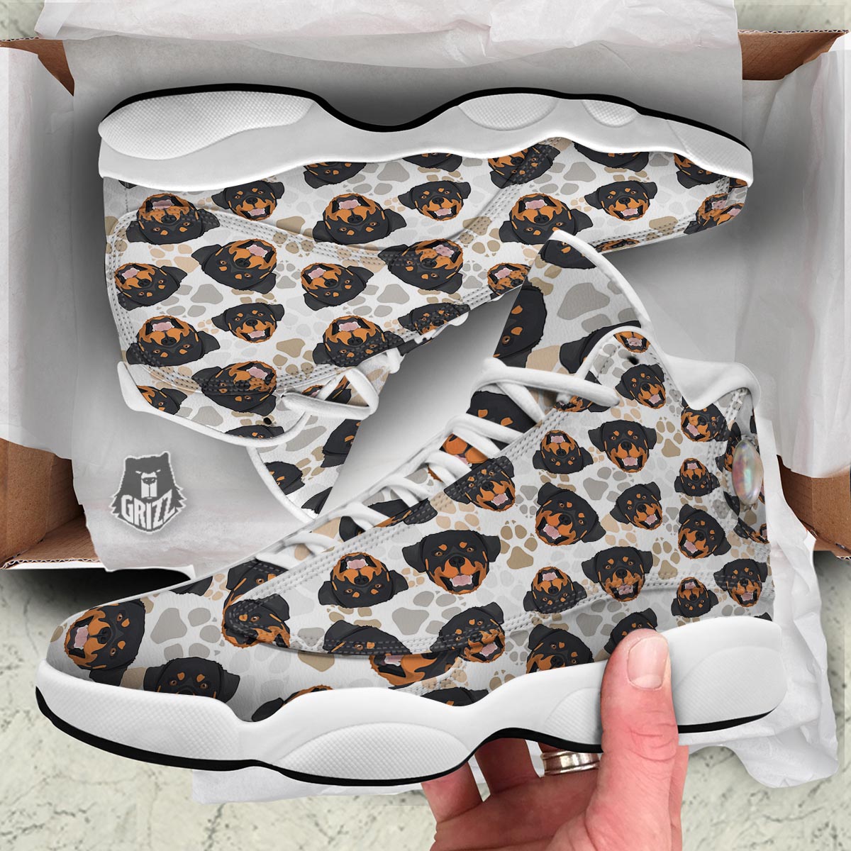 Face Rottweiler Print Pattern White Basketball Shoes-grizzshop