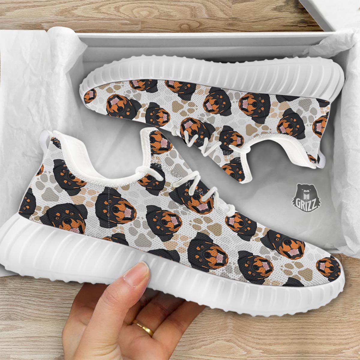 Face Rottweiler Print Pattern White Walking Shoes-grizzshop