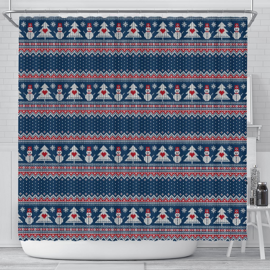 Fairisle Christmas Snowman Pattern Print Bathroom Shower Curtain-grizzshop