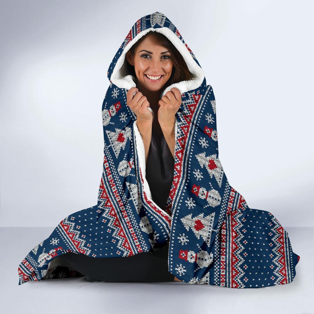 Fairisle Christmas Snowman Pattern Print Hooded Blanket-grizzshop