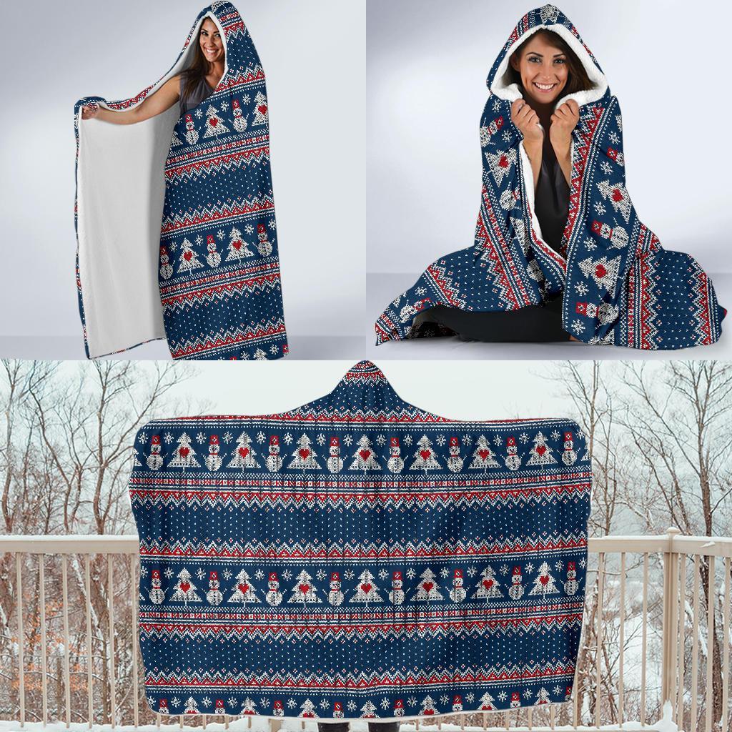 Fairisle Christmas Snowman Pattern Print Hooded Blanket-grizzshop