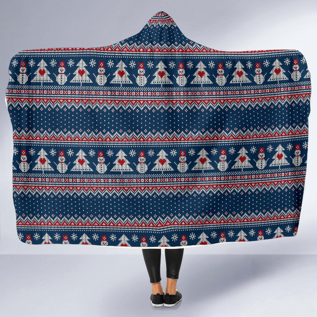 Fairisle Christmas Snowman Pattern Print Hooded Blanket-grizzshop