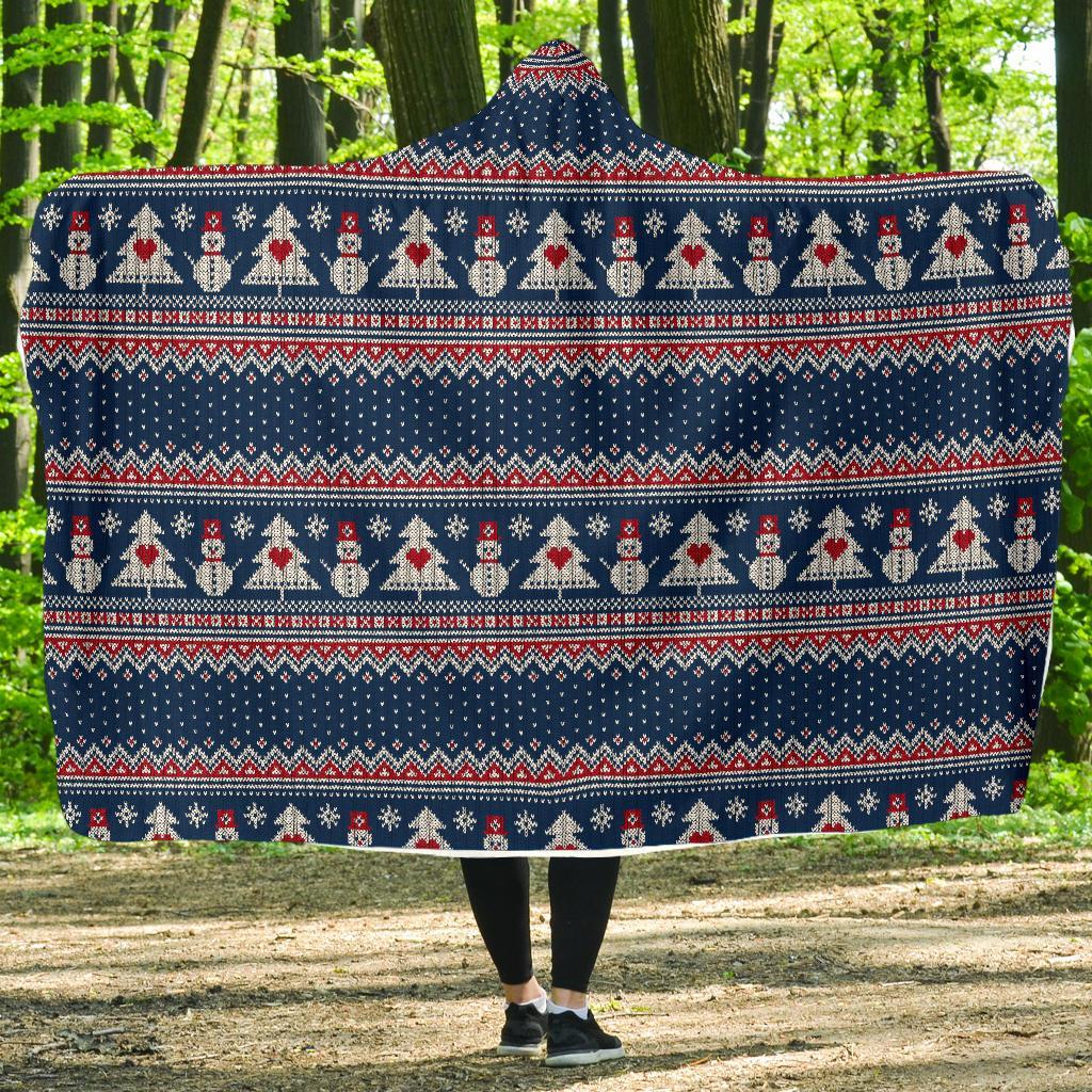 Fairisle Christmas Snowman Pattern Print Hooded Blanket-grizzshop