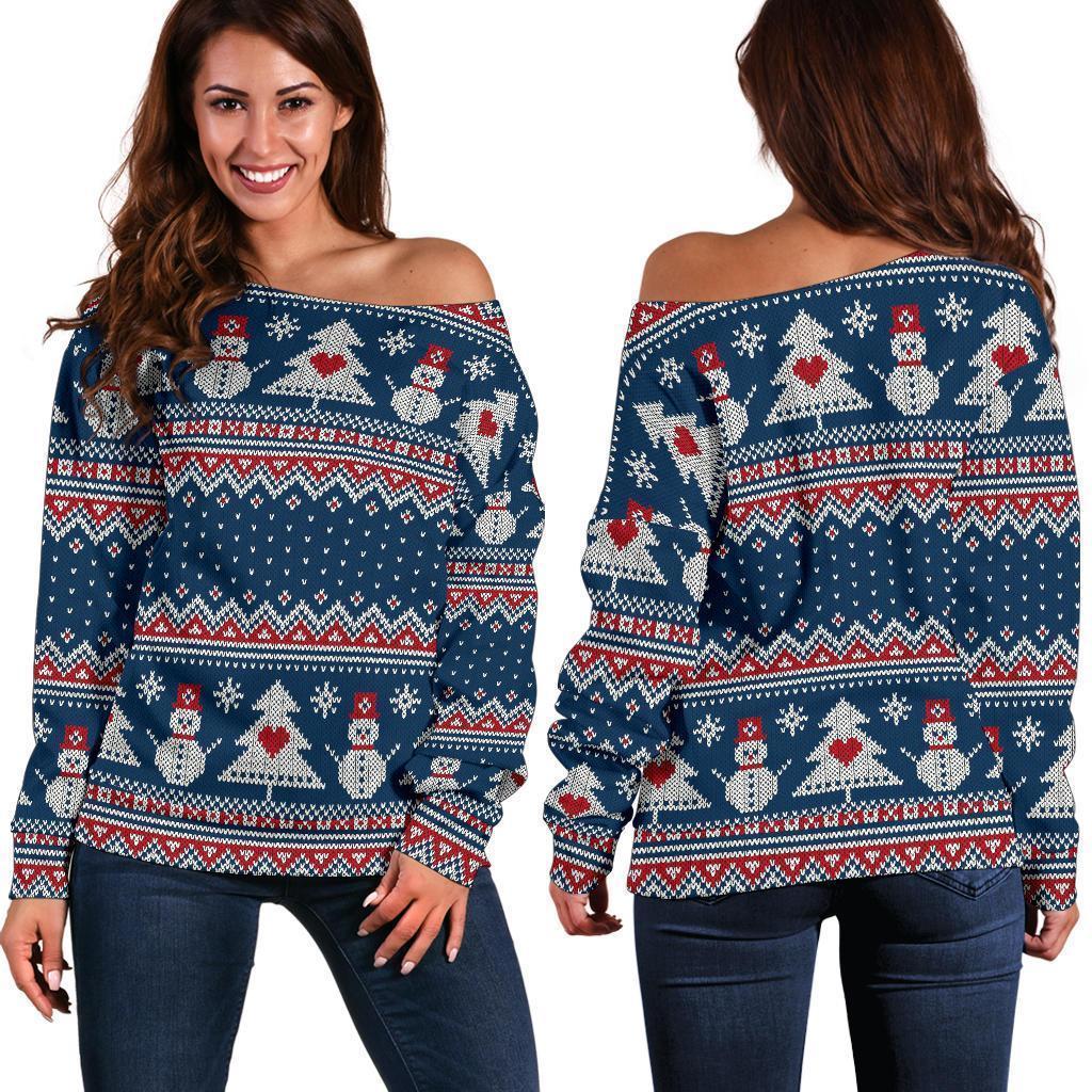 Fairisle Christmas Snowman Pattern Print Women Off Shoulder Sweatshirt-grizzshop