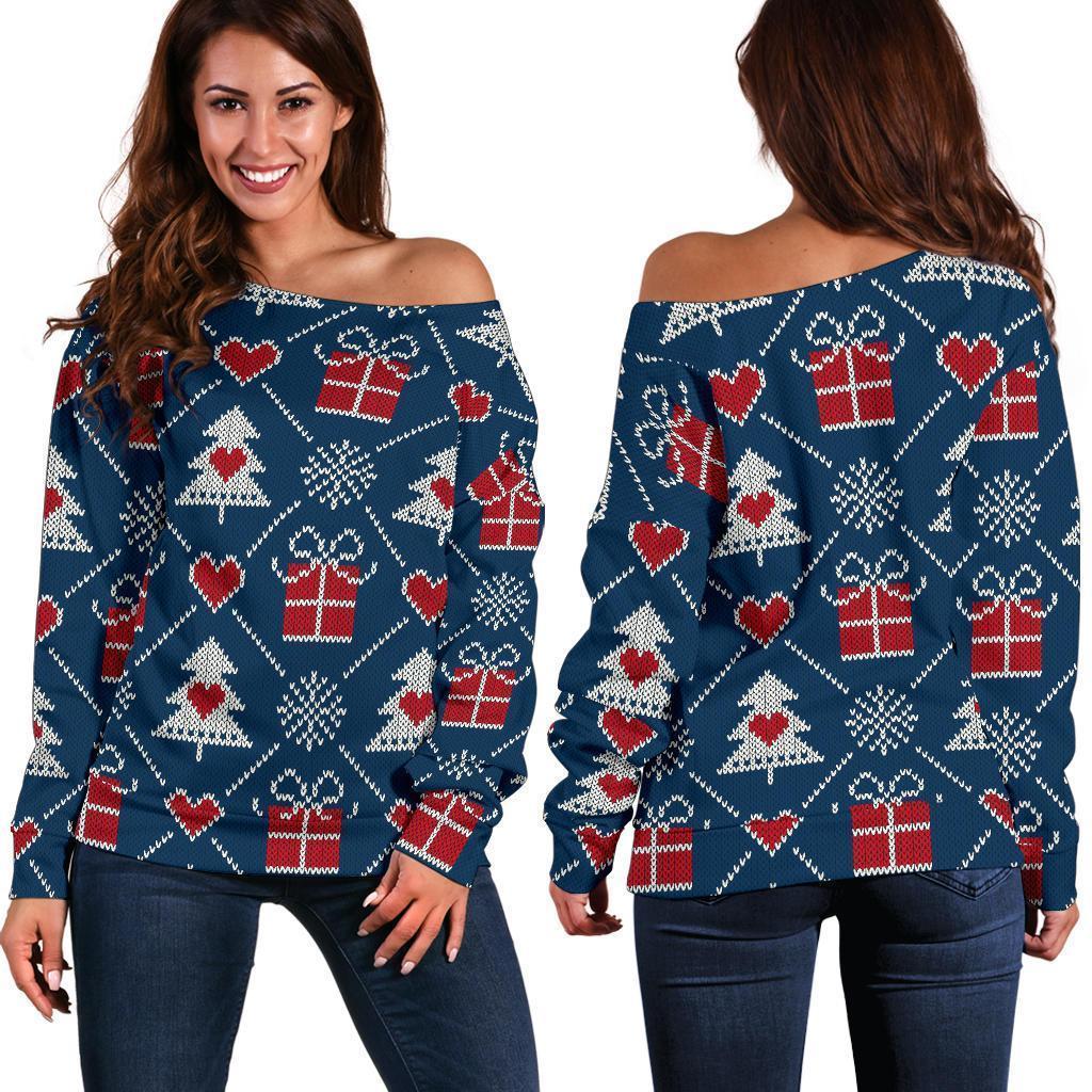 Fairisle Gift Christmas Pattern Print Women Off Shoulder Sweatshirt-grizzshop