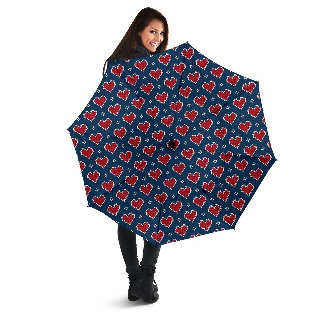 Fairisle Heart Christmas Pattern Print Automatic Foldable Umbrella-grizzshop