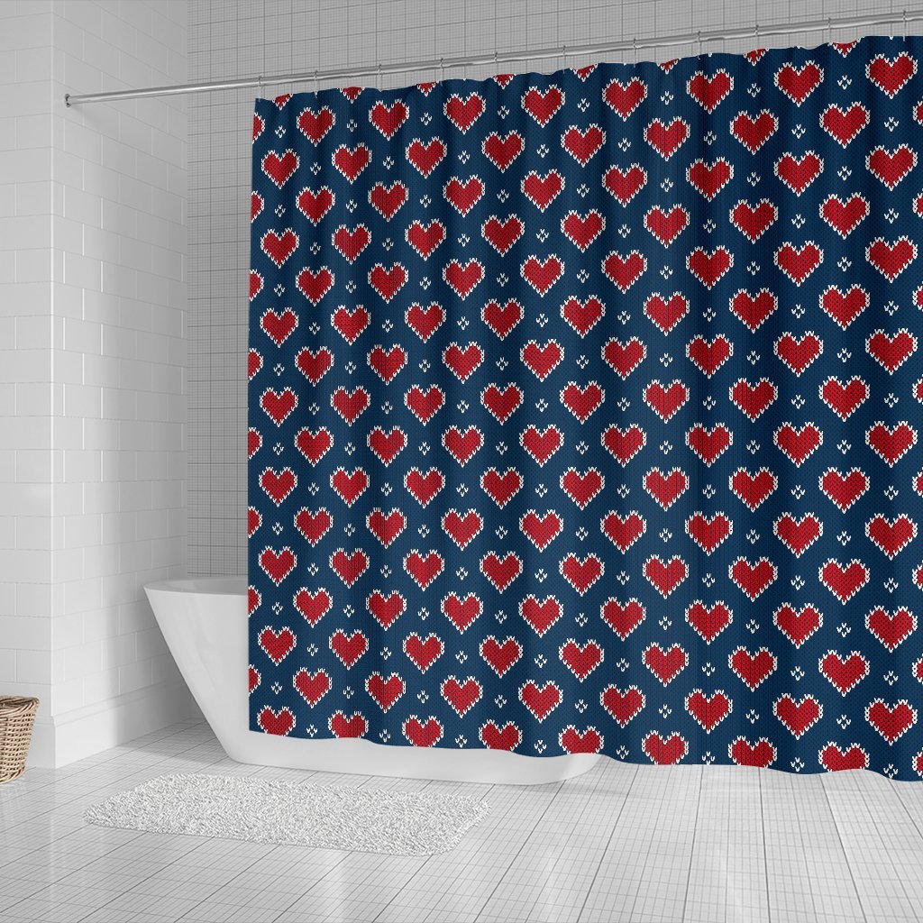 Fairisle Heart Christmas Pattern Print Bathroom Shower Curtain-grizzshop