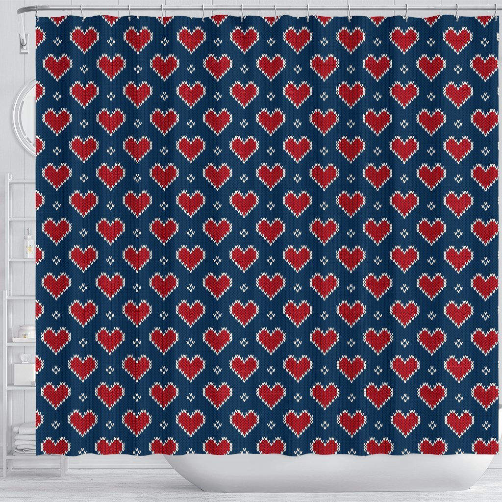 Fairisle Heart Christmas Pattern Print Bathroom Shower Curtain-grizzshop