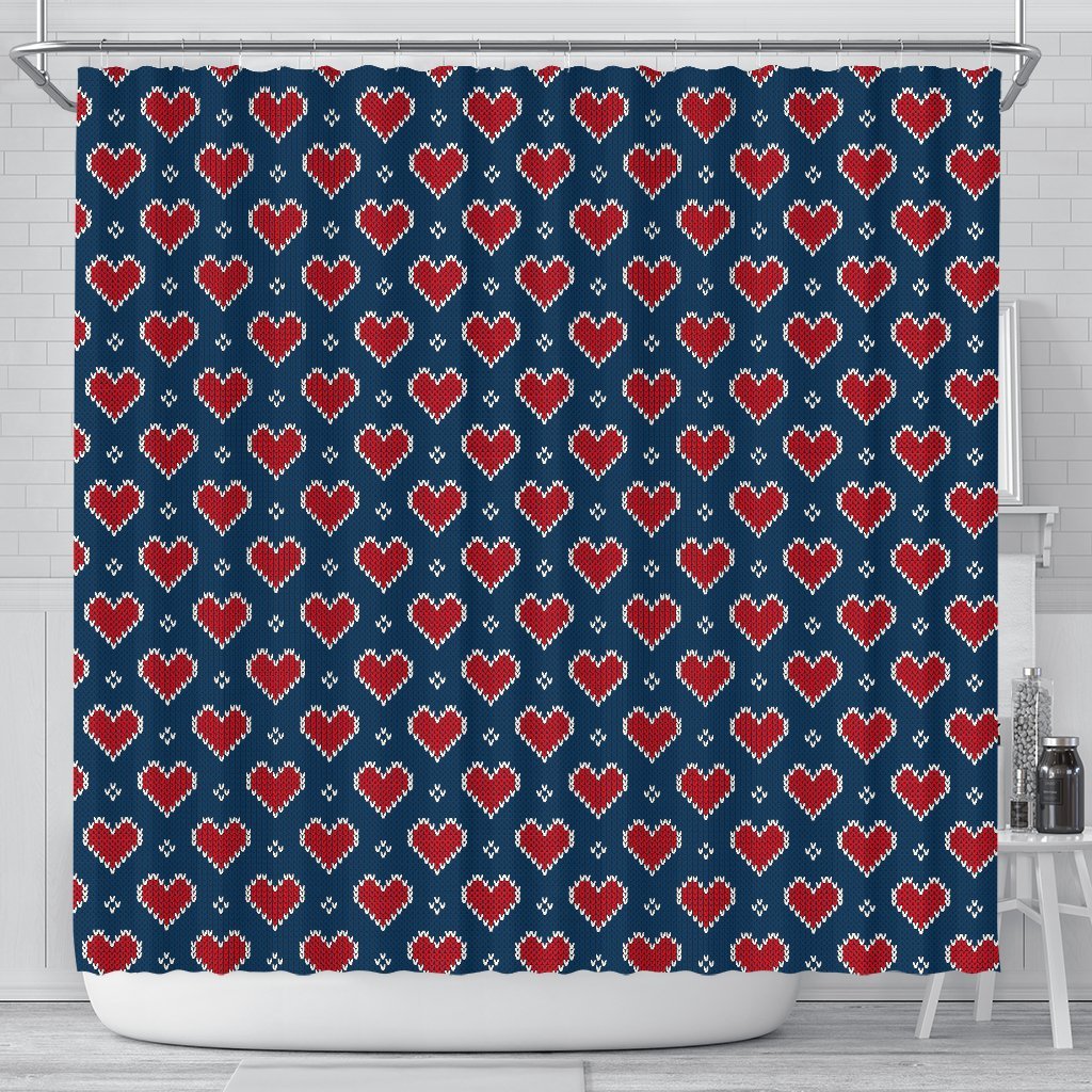 Fairisle Heart Christmas Pattern Print Bathroom Shower Curtain-grizzshop