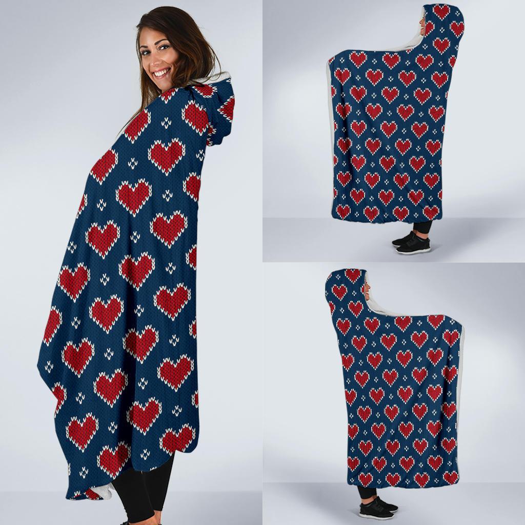 Fairisle Heart Christmas Pattern Print Hooded Blanket-grizzshop