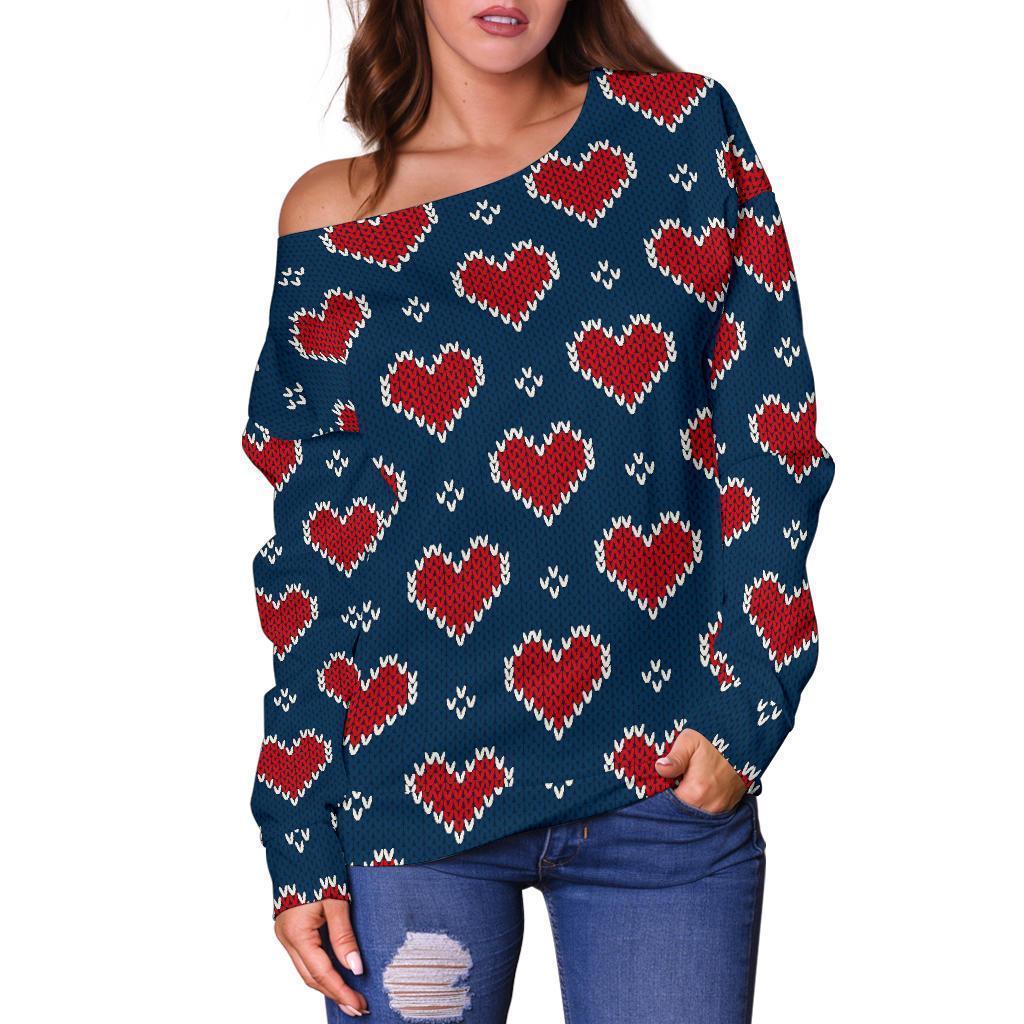 Fairisle Heart Christmas Pattern Print Women Off Shoulder Sweatshirt-grizzshop