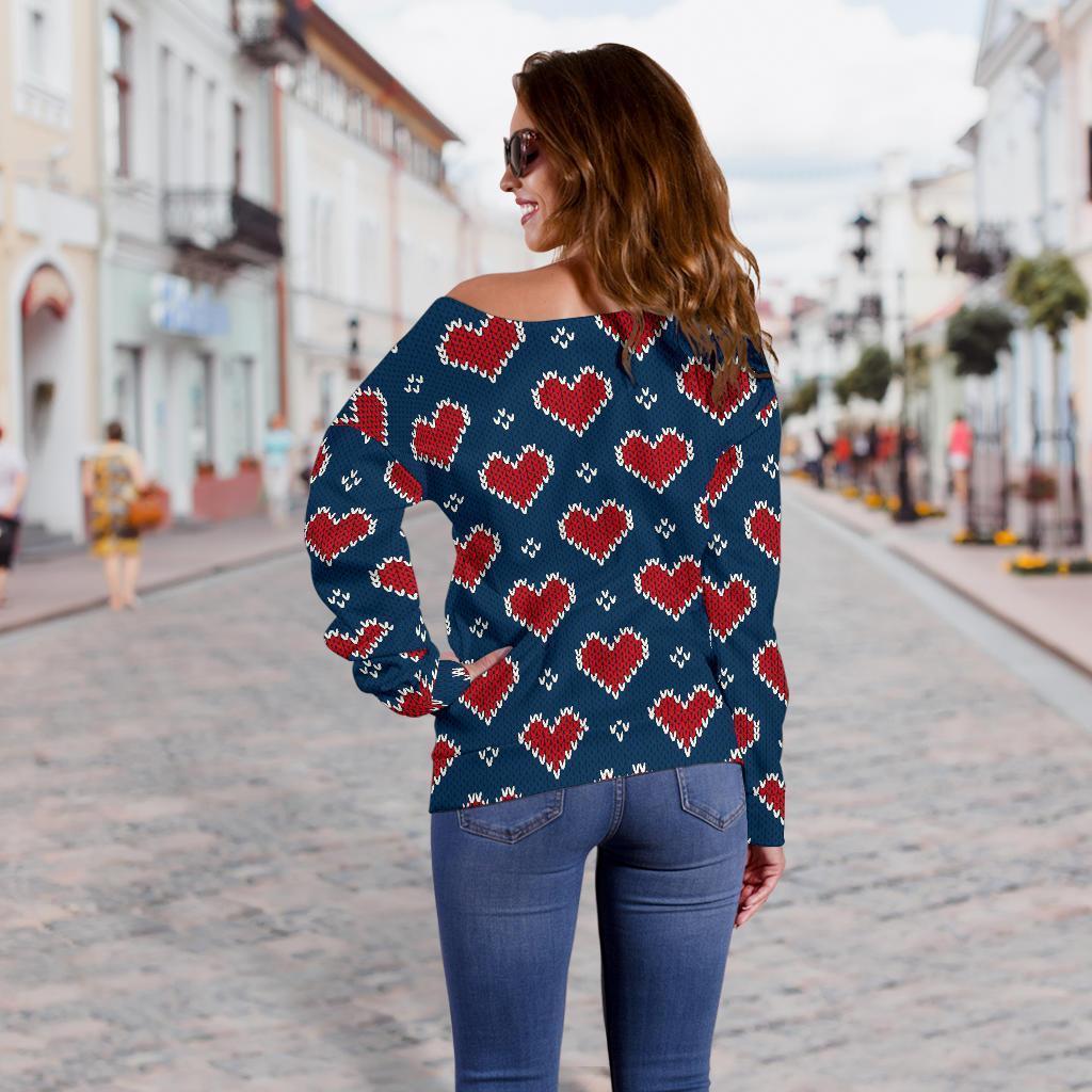 Fairisle Heart Christmas Pattern Print Women Off Shoulder Sweatshirt-grizzshop