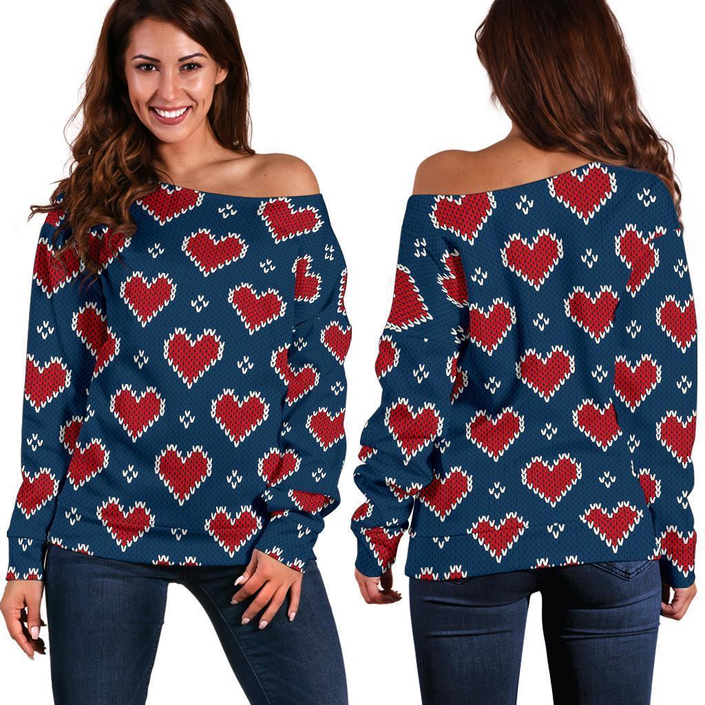 Fairisle Heart Christmas Pattern Print Women Off Shoulder Sweatshirt-grizzshop