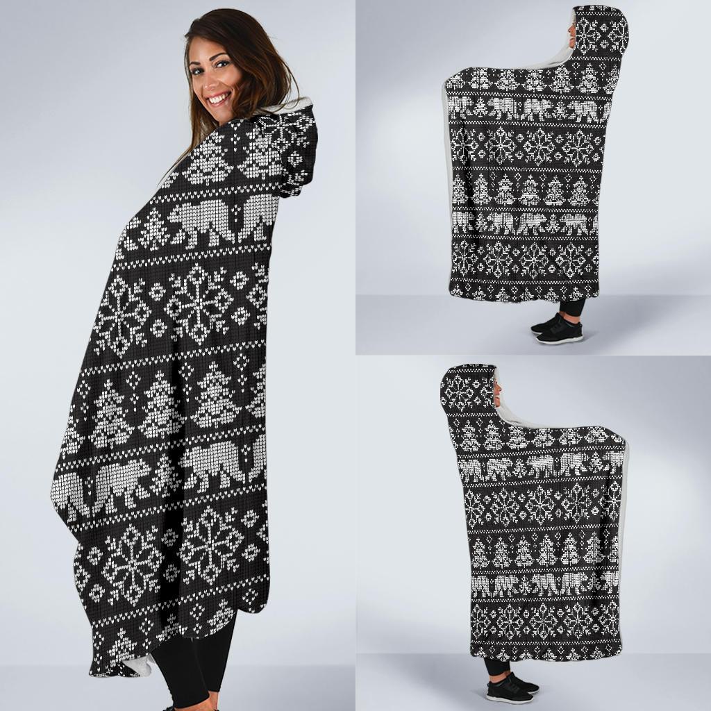 Fairisle Polar Bear Christmas Pattern Print Hooded Blanket-grizzshop