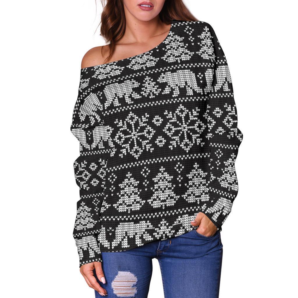 Fairisle Polar Bear Christmas Pattern Print Women Off Shoulder Sweatshirt-grizzshop