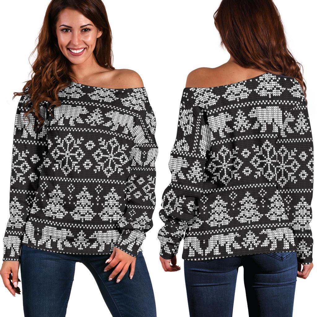 Fairisle Polar Bear Christmas Pattern Print Women Off Shoulder Sweatshirt-grizzshop