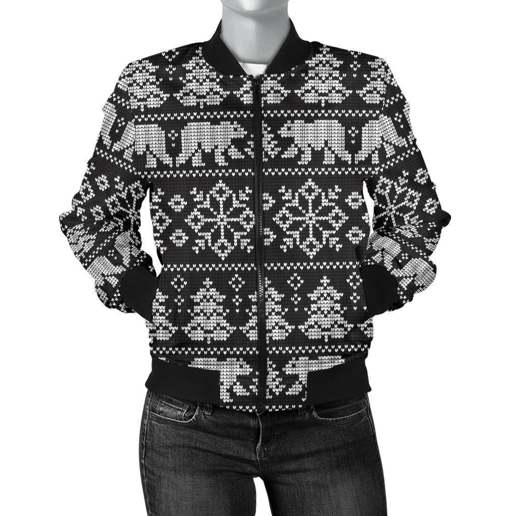 Fairisle Polar Bear Christmas Pattern Print Women Casual Bomber Jacket-grizzshop