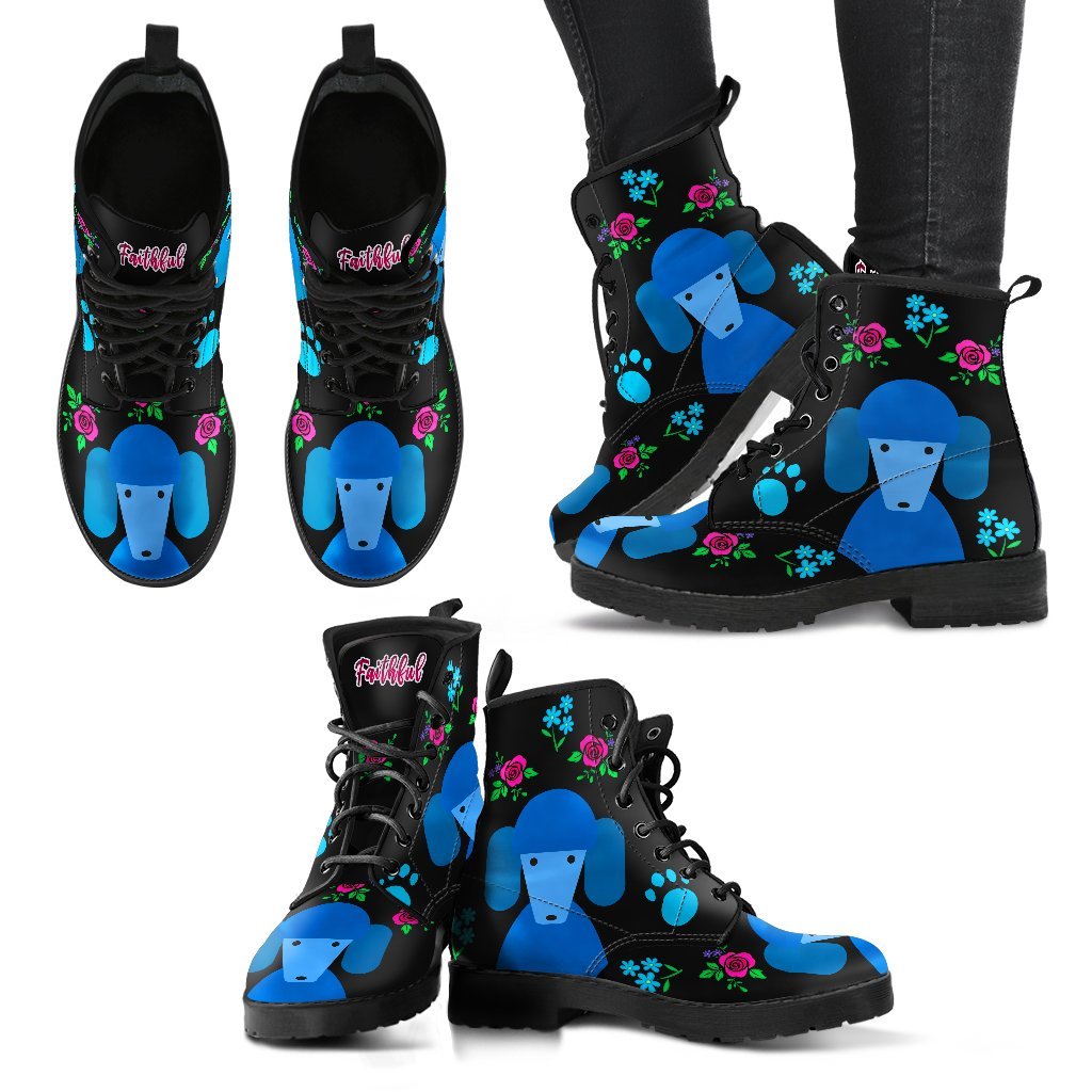 Faithful Poodles Women's Blue Leather Boots for Poodle Dog Lovers-grizzshop