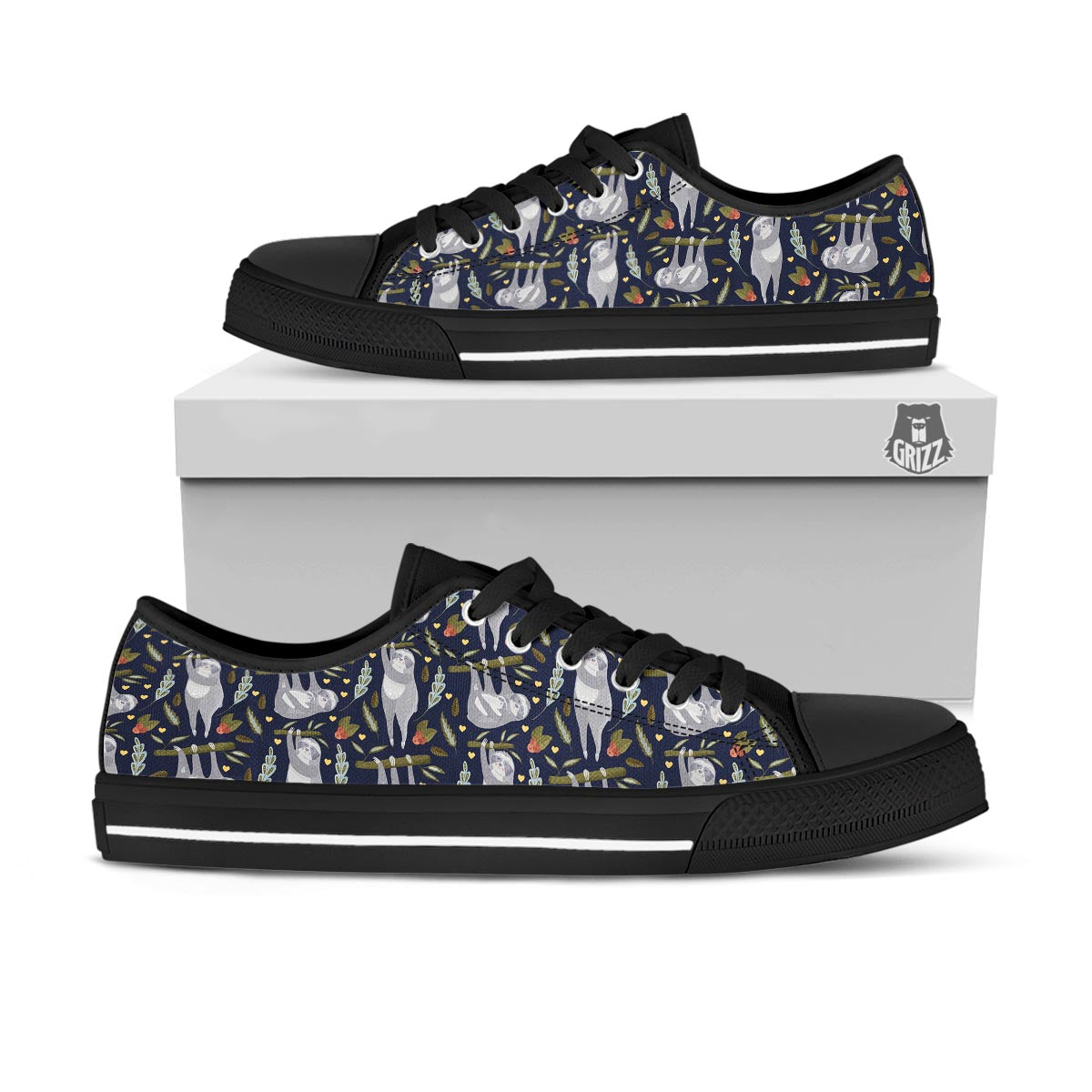 Family Sloth Print Pattern Black Low Top Shoes-grizzshop