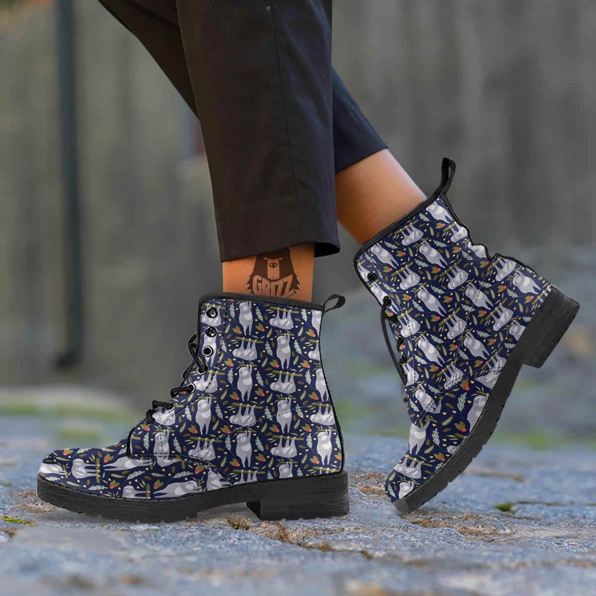 Family Sloth Print Pattern Leather Boots-grizzshop