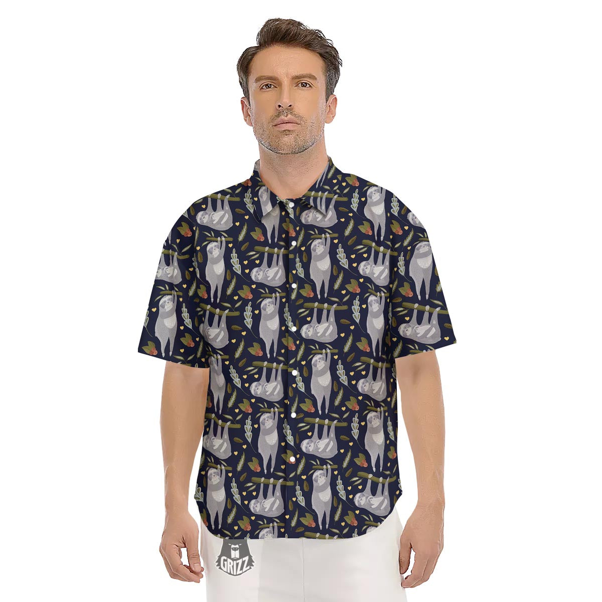 Family Sloth Print Pattern Men's Short Sleeve Shirts-grizzshop