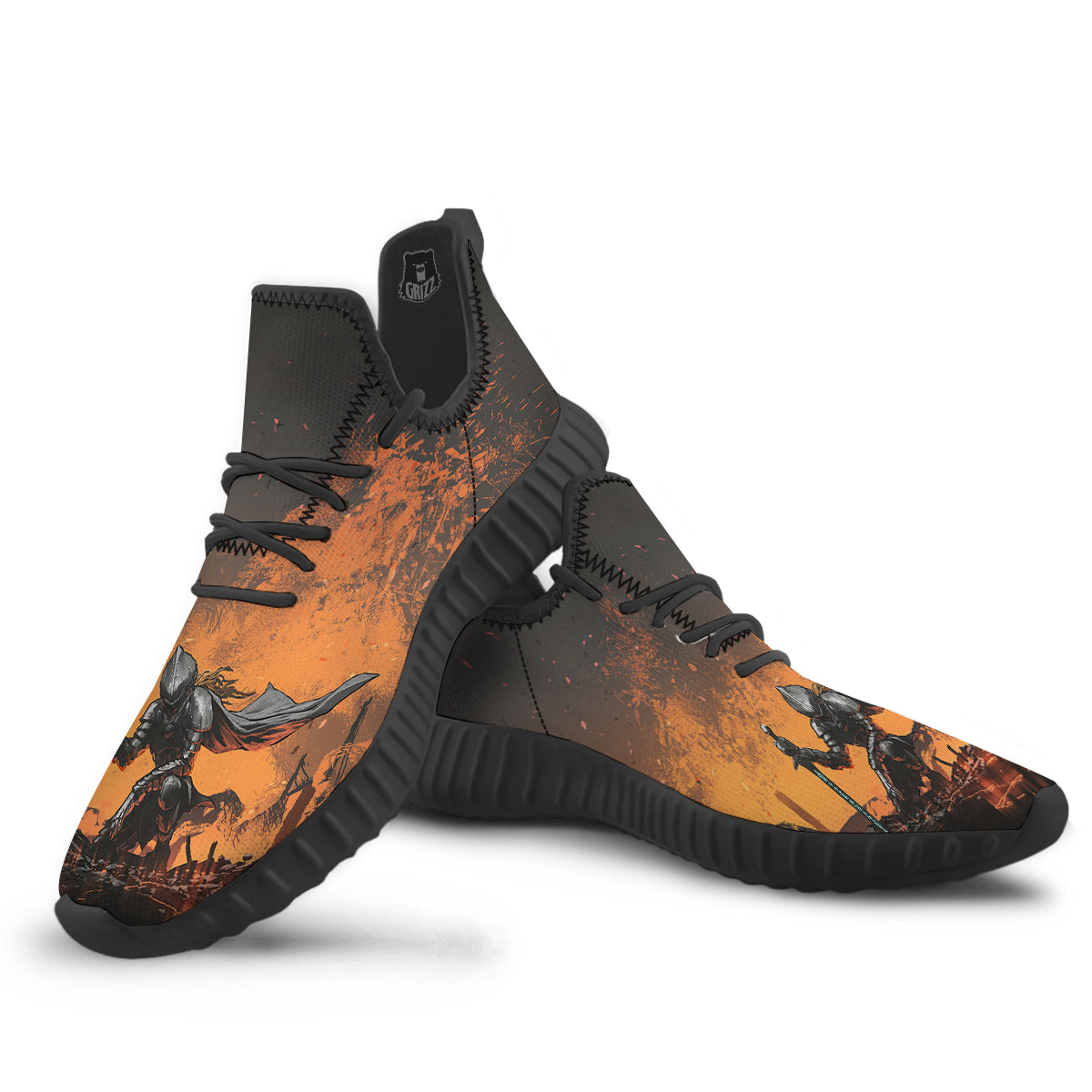 Fantasy Knight On Fire Print Black Walking Shoes-grizzshop