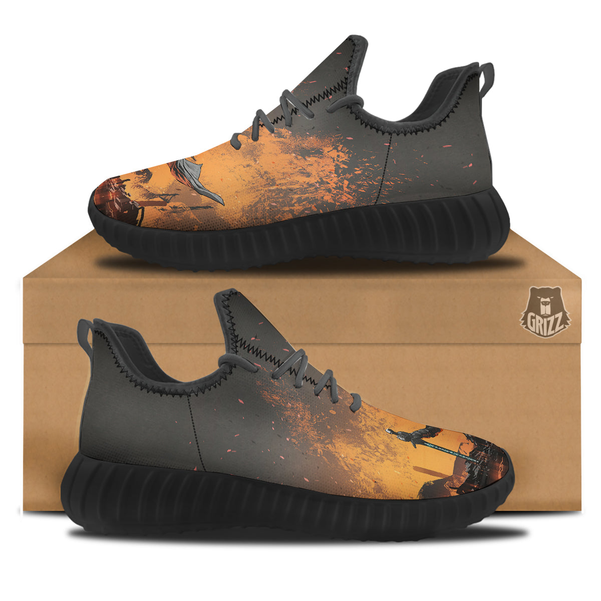 Fantasy Knight On Fire Print Black Walking Shoes-grizzshop