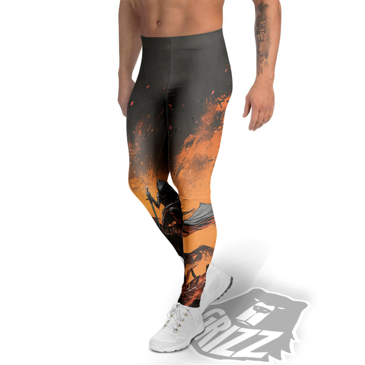 Fantasy Knight On Fire Print Men's Leggings-grizzshop