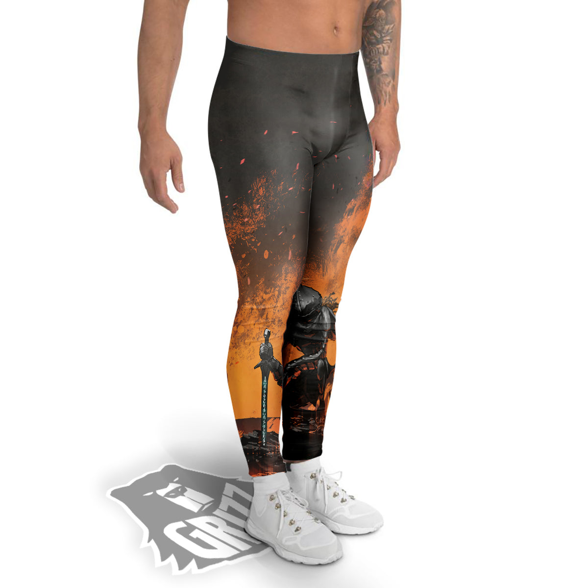 Fantasy Knight On Fire Print Men's Leggings-grizzshop