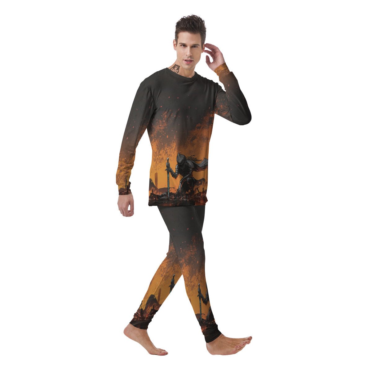 Fantasy Knight On Fire Print Men's Pajamas-grizzshop